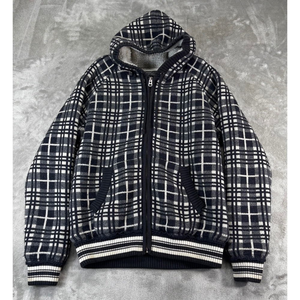 Buffalo David Bitton Hooded Sweater Mens M Black Plaid Sherpa Lined Wool Mix